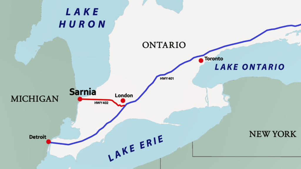 Image of Sarnia on map: bordering with Port Huron, Michigan.