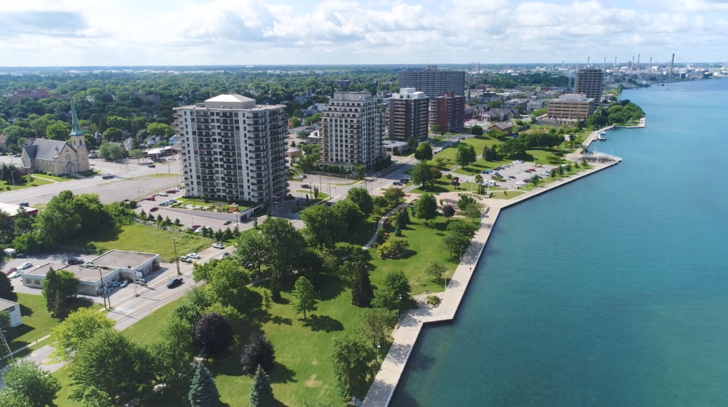 view of St Clair River shoreline looking south from Centennial Park