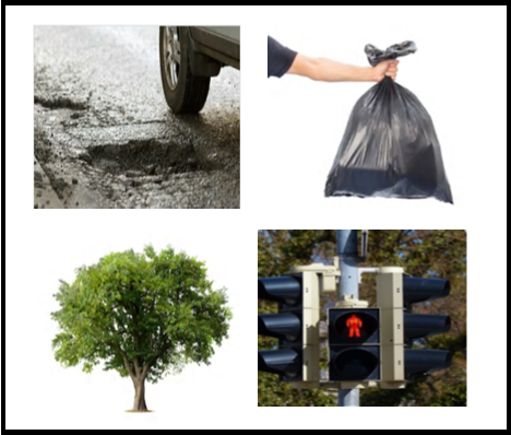 picture of pothole, garbage bag, tree and traffic lights